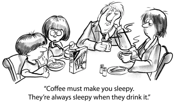 Sömnig föräldrar och barn som äter frukost vid bordet — Stockfoto