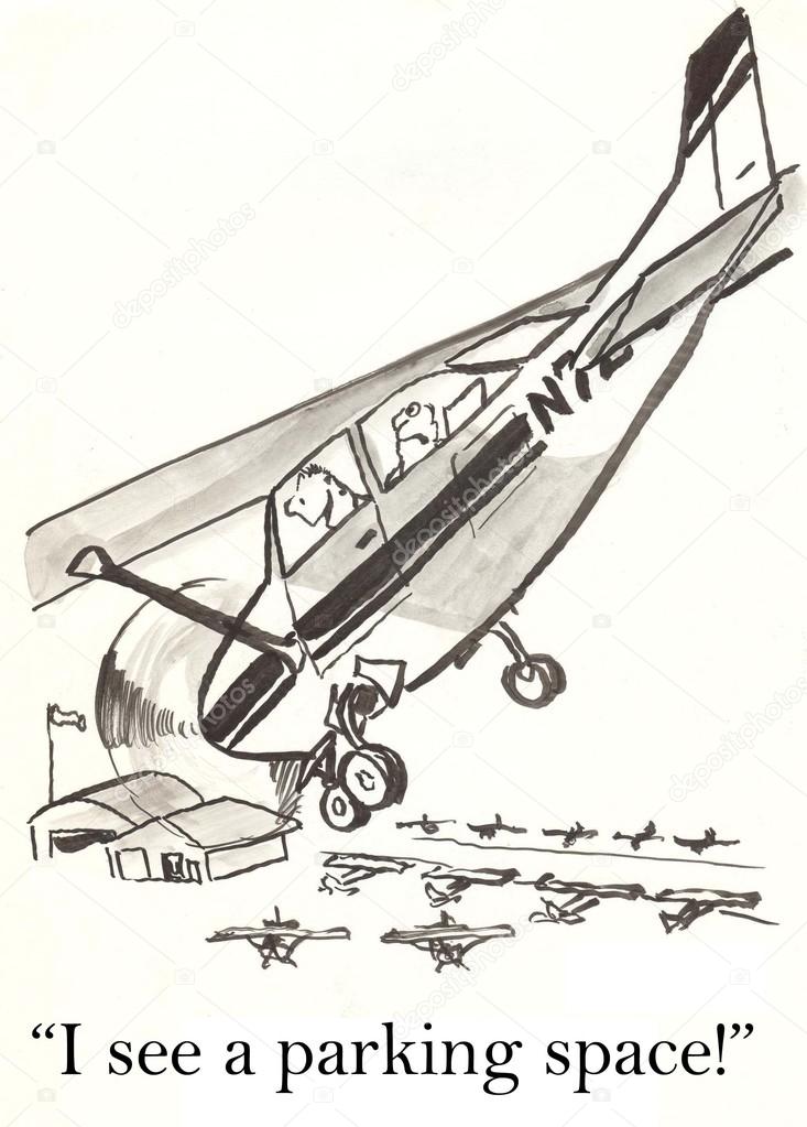 Cartoon illustration plane landing in the airport