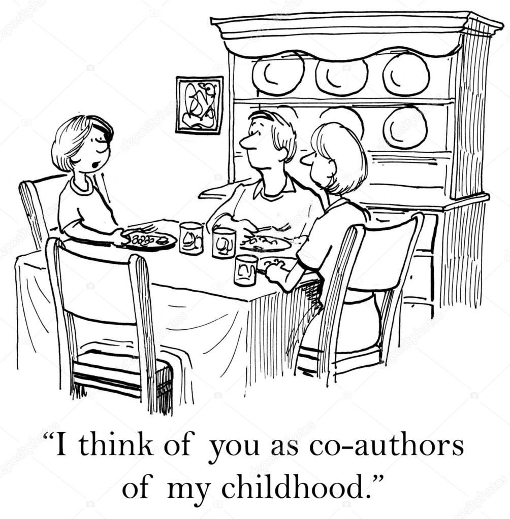 People dines at the table. Cartoon illustration