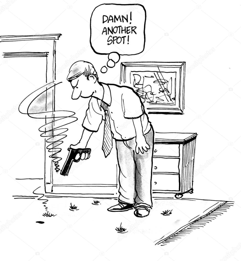 Cartoon illustration. Man shoots insects at home with a gun