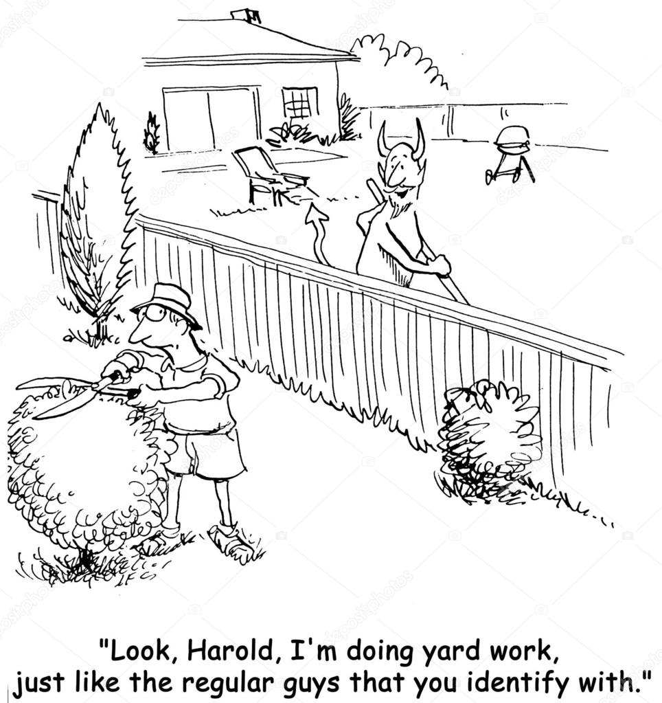 Cartoon illustration. Neighbors ennoble their yards