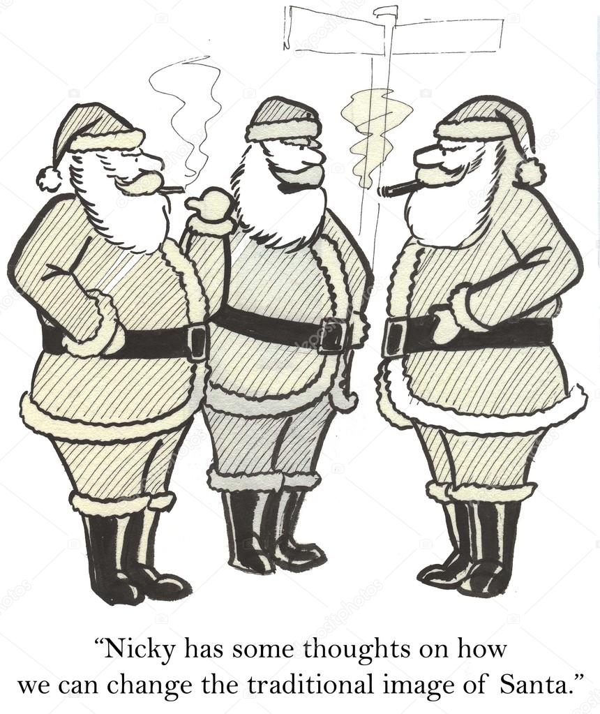 Three Santa Claus smoking a cigar
