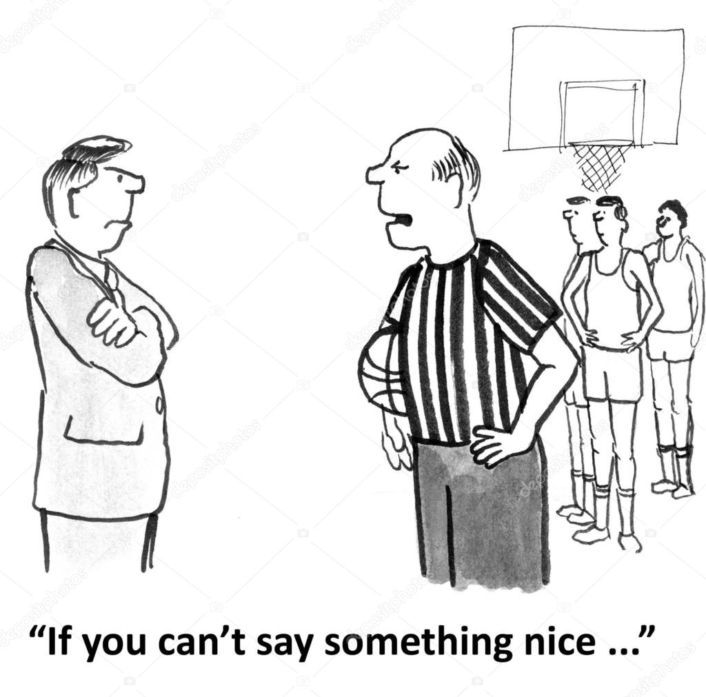Cartoon illustration. Judge yells at coach