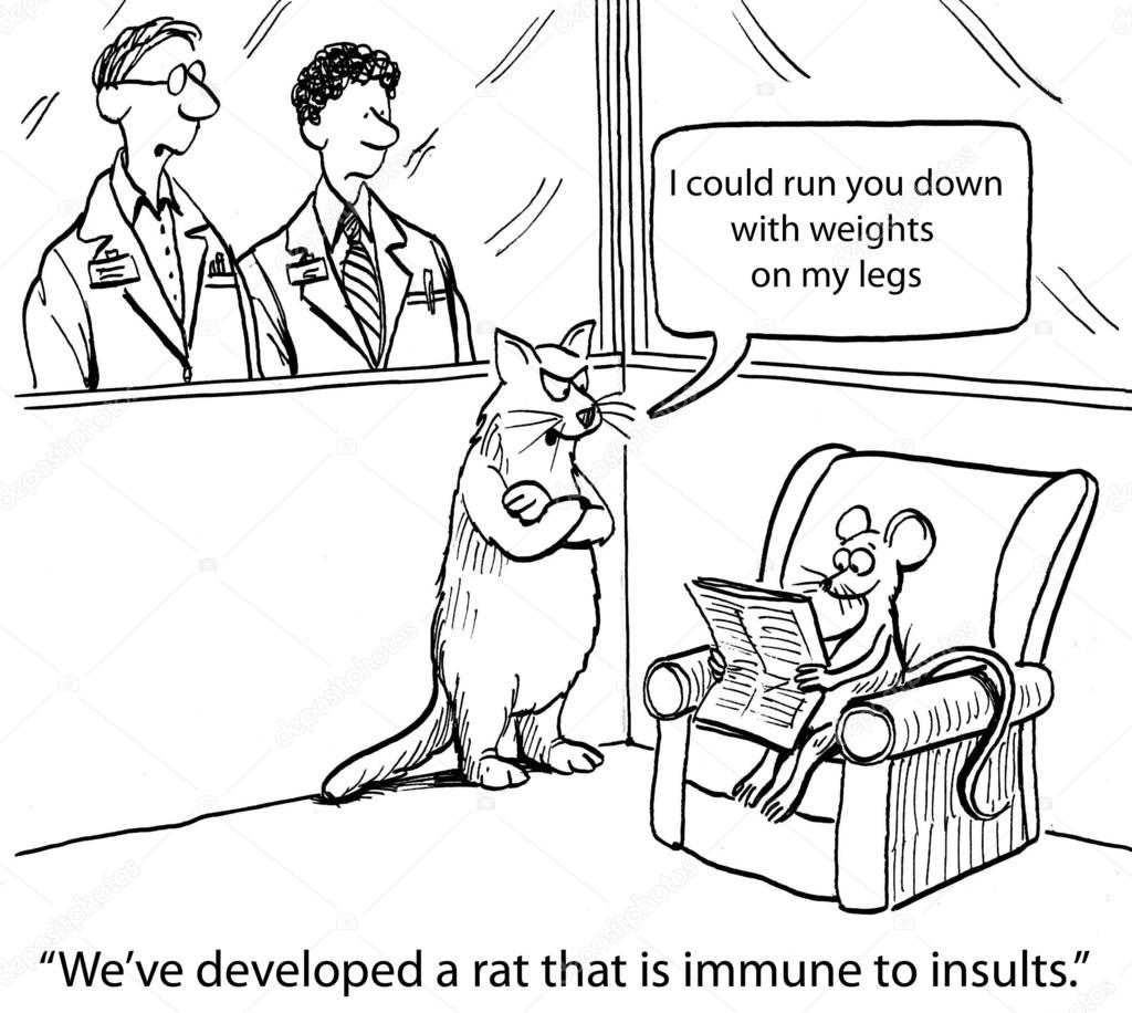 Cartoon illustration.  Rat has immune to insults