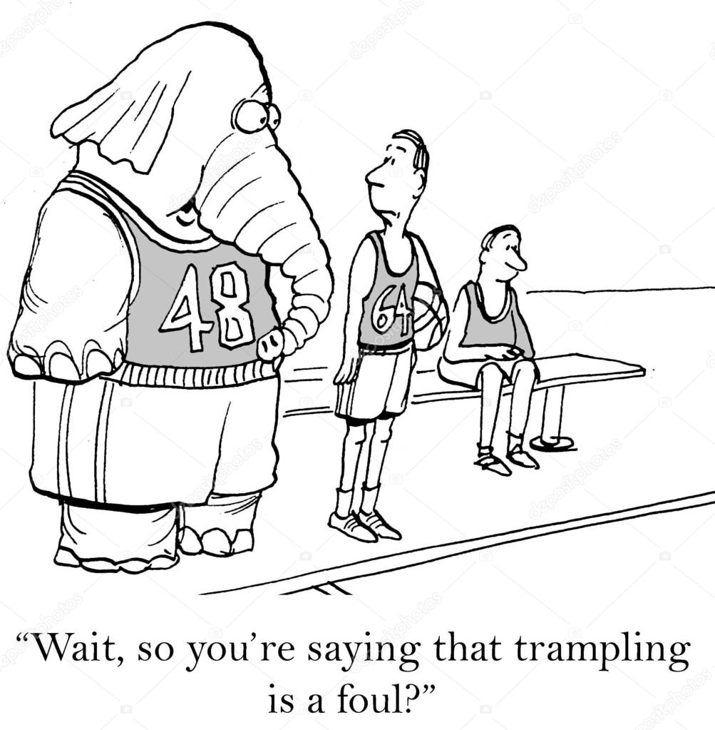 Cartoon illustration. Elephant waits for his turn to play basketball