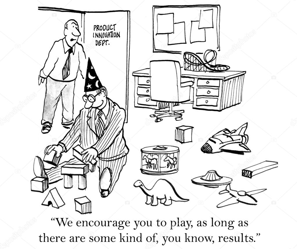 Cartoon illustration. Adult man playing with toys in his office