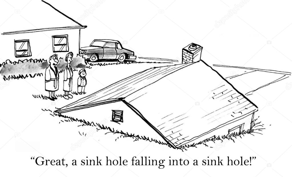 Cartoon illustration. People watch as the house fell through the ground