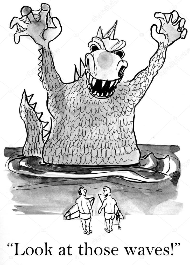 Cartoon illustration. Sea monster scare surfers