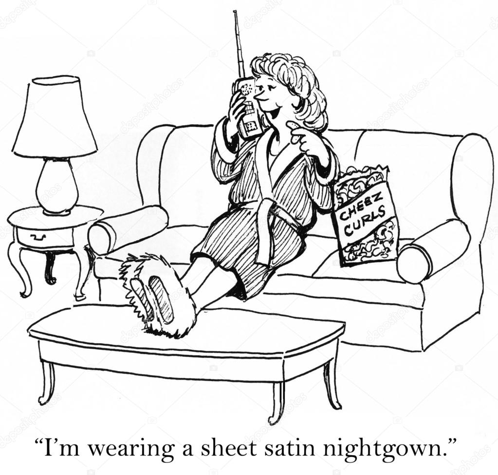 Cartoon illustration. Woman sitting on the couch eating chips and talking on the phone