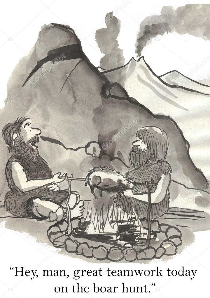 Cartoon illustration. Prehistoric men after hunting are prepared food on the fire