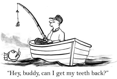 Cartoon illustration. Man in a boat catching fish in the pond