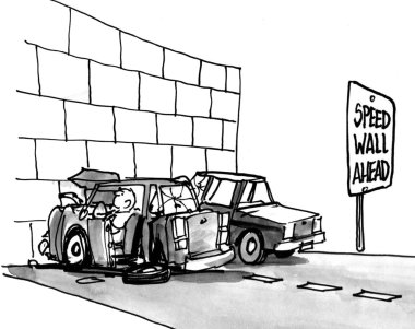 karikatür çizimi. Arabayı duvara çarptı.