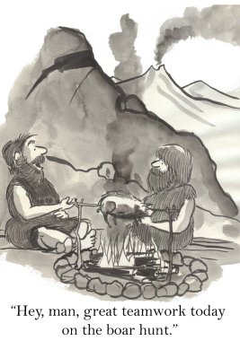 Karikatür illüstrasyon. Tarih öncesi insanlar ateşte yemek pişirirler.
