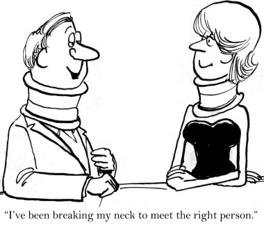 Cartoon illustration Man and woman with neck braces meet