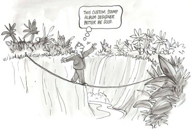 İllüstrasyon karikatür. Adam uçurumun ip üstünde haçlar.