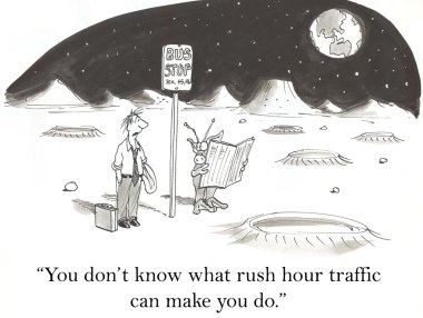 Cartoon illustration. Bus stop for commuters on Mars for executive.
