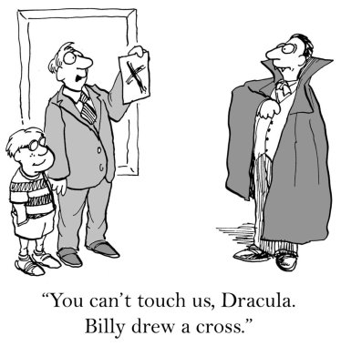 Karikatür illüstrasyon. Drakula haç tarafından durduruldu