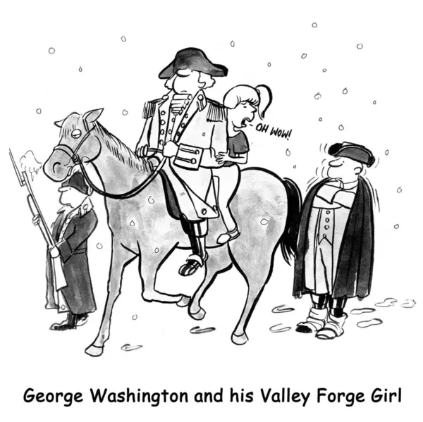 La figura histórica, George Washington, tiene una chica del valle montando su caballo con él en Valley Forge — Foto de Stock
