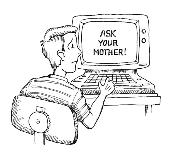 Teenage boy must ask his mother to log on — Stock Photo, Image