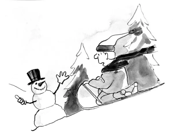 Kardan adam otostop kızak üzerinde istiyor. — Stok fotoğraf