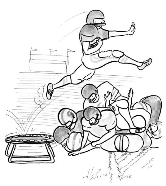 Cartoon illustration. Soccer player jumps from a springboard big pile of other players — Zdjęcie stockowe