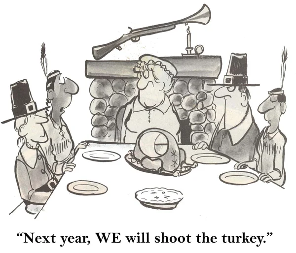 Cartoon illustration. Family is going to eat turkey. — Stock Photo, Image