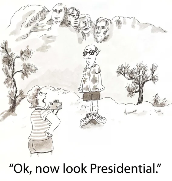 Cartoon illustration. Tourist photo at Mount Rushmore — Stok fotoğraf