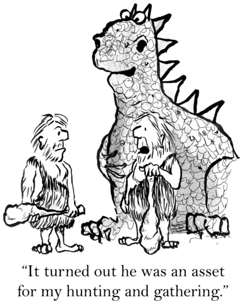 Cartoon illustration. The cave man becomes friends with the dinosaur — Stok fotoğraf