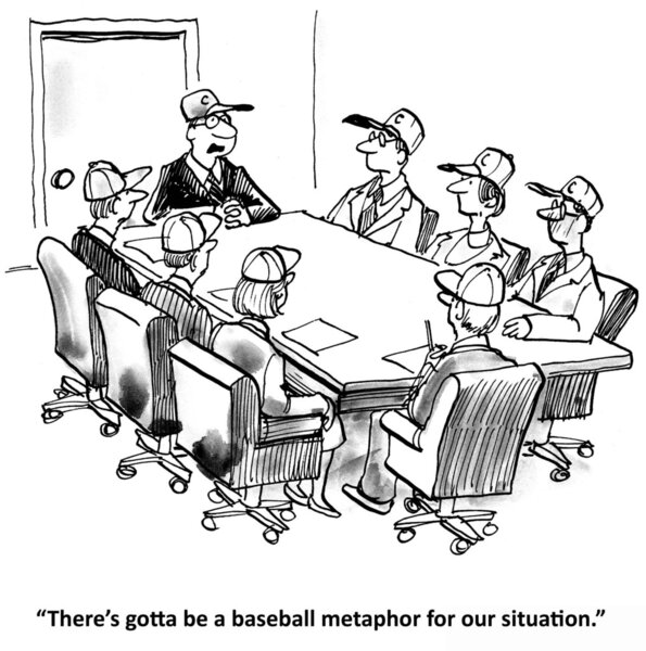 Cartoon illustration. Business people sitting in a baseball caps at the table