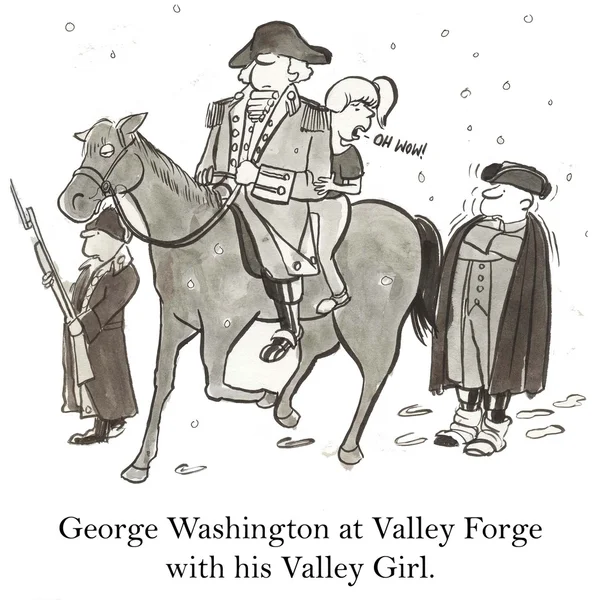 Cartoon illustration. Historical figure, George Washington, has a valley girl riding his horse with him at Valley Forge — Stock Photo, Image