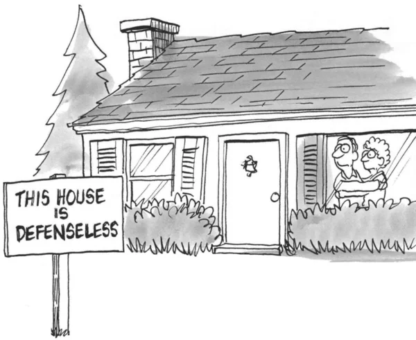 Cartoon illustration. Frightened home owners have a defenseless sign on the yard — Stok fotoğraf