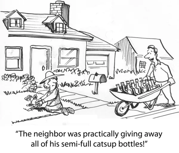 The neighbor was practically giving away all of his semi-full catsup bottles! — Stock Photo, Image