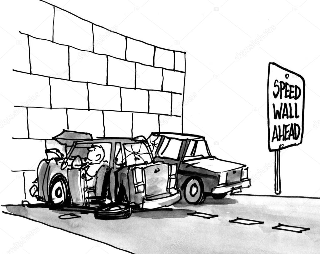 Cartoon illustration. Car crashed into a wall.