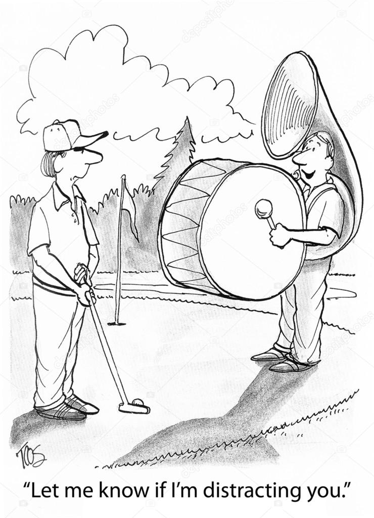 Cartoon illustration. One man band at the golf court