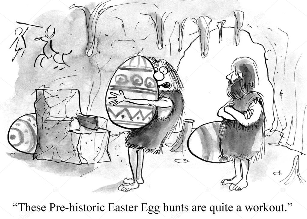 Cartoon illustration. Prehistoric Easter