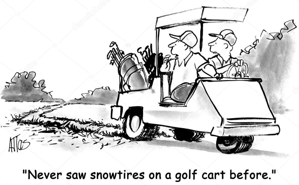 Cartoon illustration. Men riding on the golf course