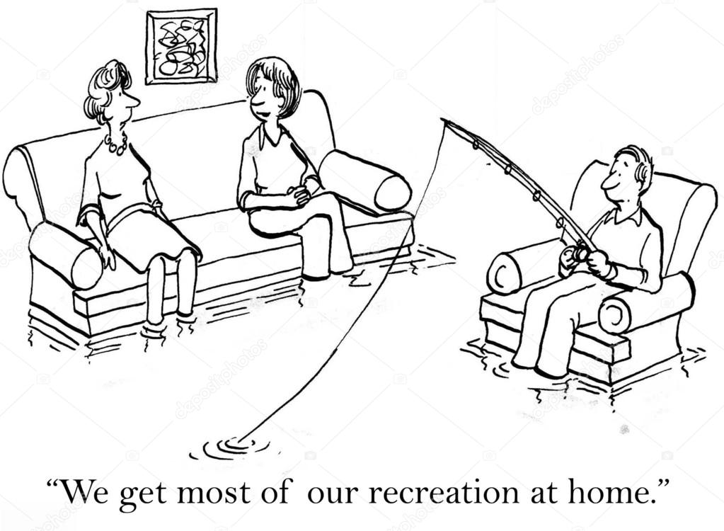 Cartoon illustration. A man and wife have a flooded house