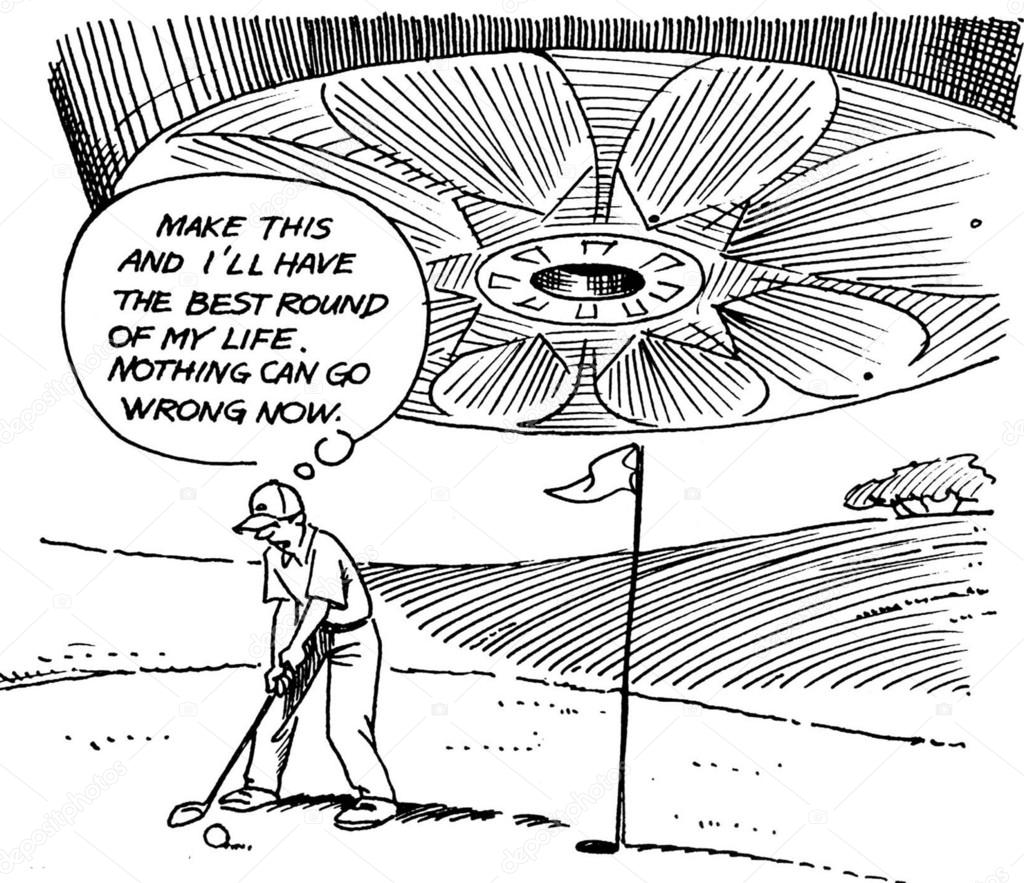 Cartoon illustration. Alien ship over the golf course