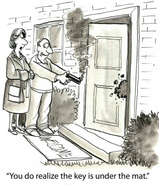 karikatür çizimi. Anahtar paspasın altında