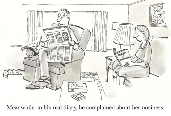 Pria dan wanita membaca di dalam ruangan. Ilustrasi kartun — Stok Foto