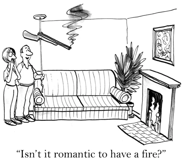 Couple looking at the fireplace. Cartoon illustration — Stock Photo, Image