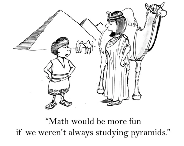 Junge und Frau in der Nähe ägyptischer Pyramiden. Cartoon-Illustration — Stockfoto
