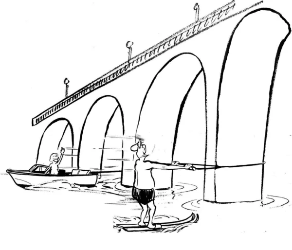 Człowiek narty wodne. Ilustracja kreskówka — Zdjęcie stockowe