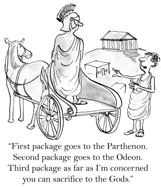 Cartoon illustration. Greek customer needs packages delivered to ancient sites — Stock Photo, Image