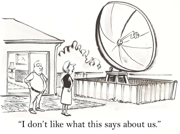 Cartoon illustration. Woman and man found a large antenna in the yard — Stock Photo, Image