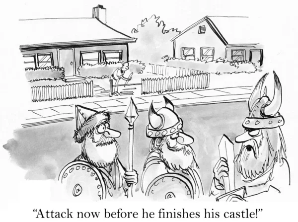Cartoon illustration. Ancient warriors want to attack the house — Stock Photo, Image