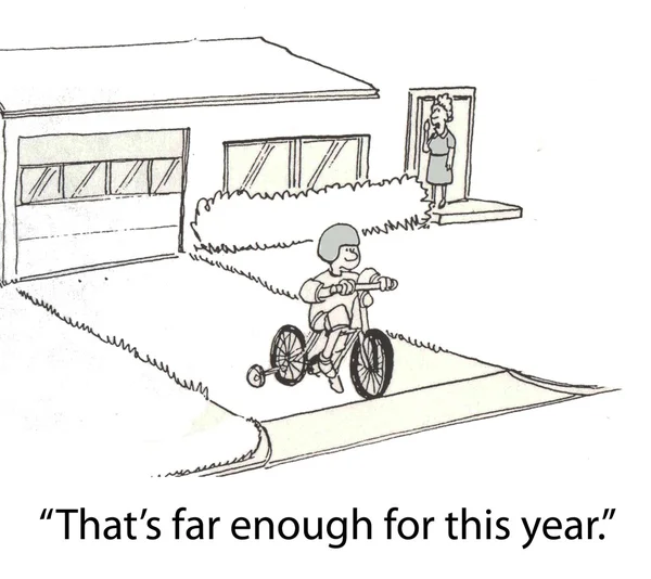 Cartoon illustration. Far enough for boy on bike — Stock Photo, Image