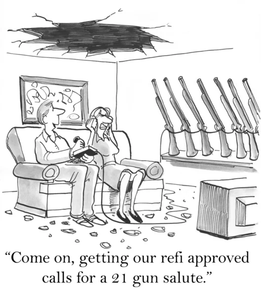 Cartoon illustration. Come on, getting our refi approvd clls for a 21 gun salute — Stock Photo, Image