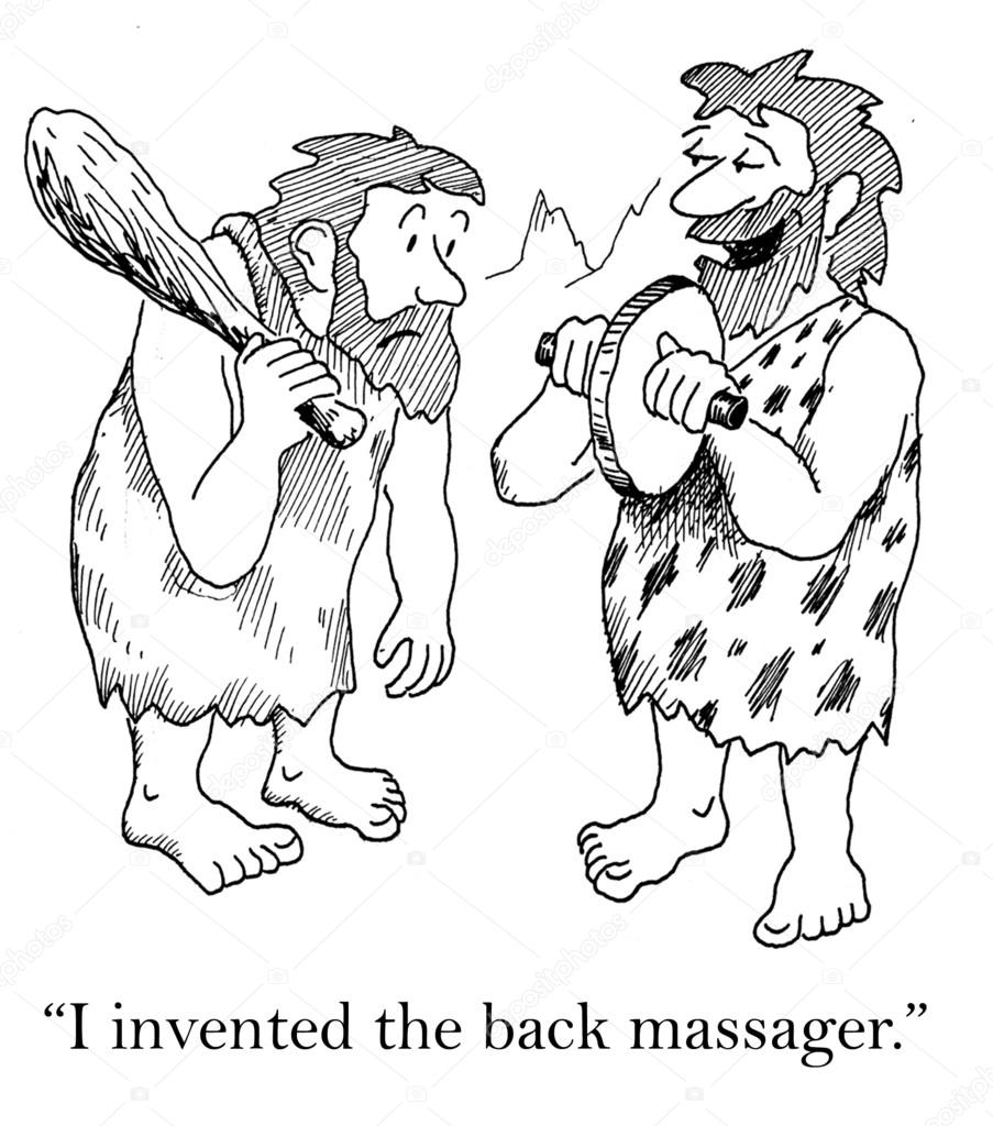 Cavemen invented back massager. Cartoon illustration