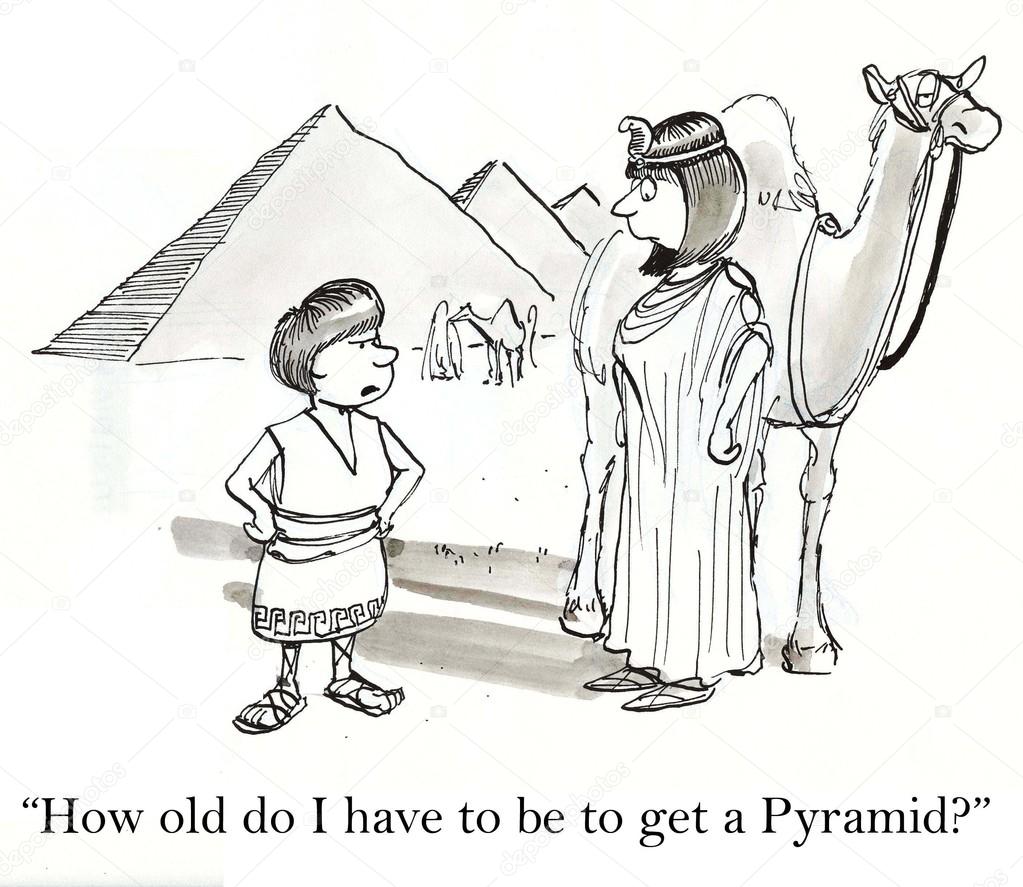 Boy and woman near Egyptian pyramids. Cartoon illustration